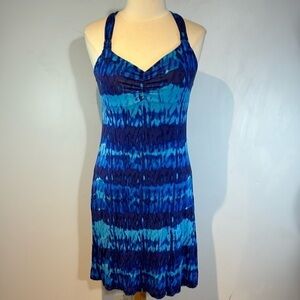 Dakini blue tie-dye print rayon/spandex stretch midi dress built-in bra size M